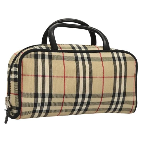 BURBERRY Nova Check hand Pouch Canvas Beige Silver Auth - Picture 1 of 16